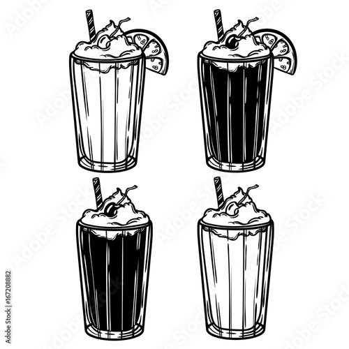 Vector illustration with a glass of ice cream and cherry and lemon. Sweet summer cocktail. Perfect print for the menu in a cafe or restaurant.