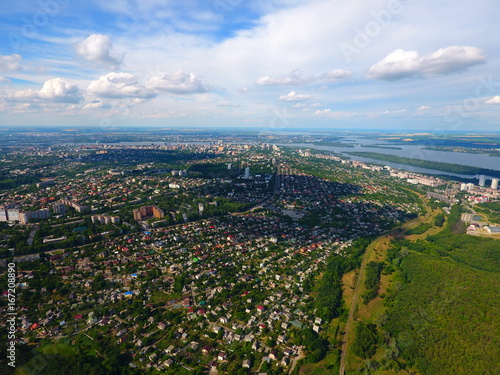 Aerial view. Houses and river in the city Dnepr, Ukraine.