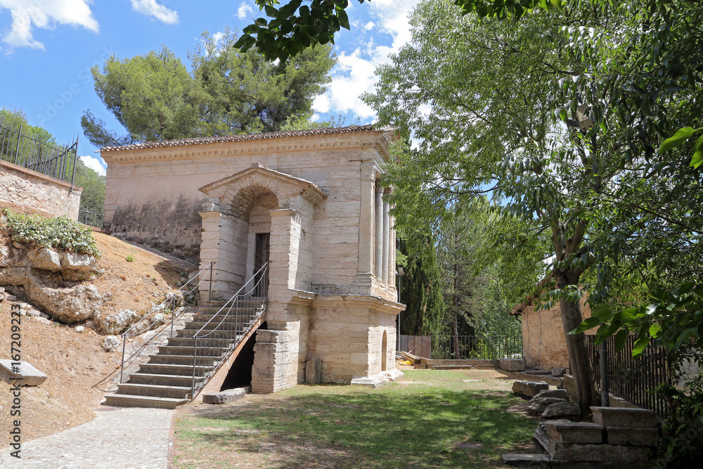 CAMPELLO SUL CLITUNNO (UMBRIA), ITALY - 29 JUNE 2017 - A town between Spoleto and Trevi in Umbria region, with the historical CAMPELLO SUL CLITUNNO (UMBRIA), ITALY - 29 JUNE 2017 - A town between Spoleto and Trevi in Umbria region, with the historical