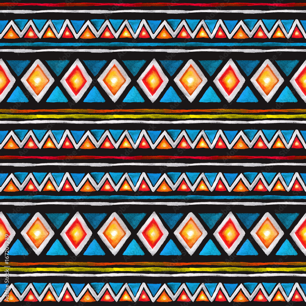 Tribal pattern. Seamless pattern - tribal ornament in geometric style with triangles and stripes. Watercolor Tribal pattern. Seamless pattern - tribal ornament in geometric style with triangles and stripes. Watercolor