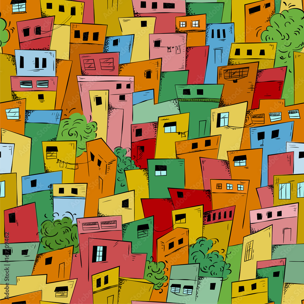 Colorful seamless pattern of slum city. Brazilian favela. Vector background