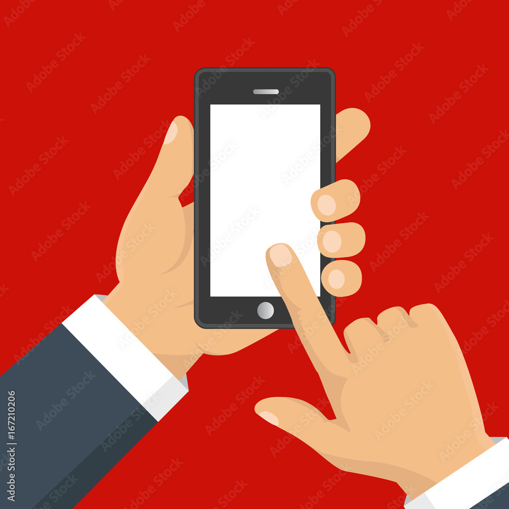 Hand holding smart phone. Business concept, flat design, vector