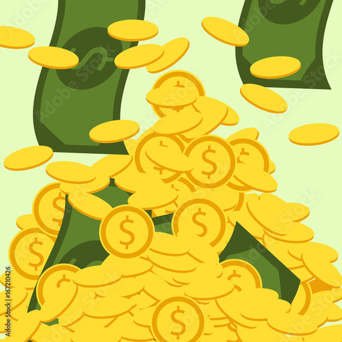 Falling golden coins and bills. Money vector illustration. Mountain of money. Finance background.