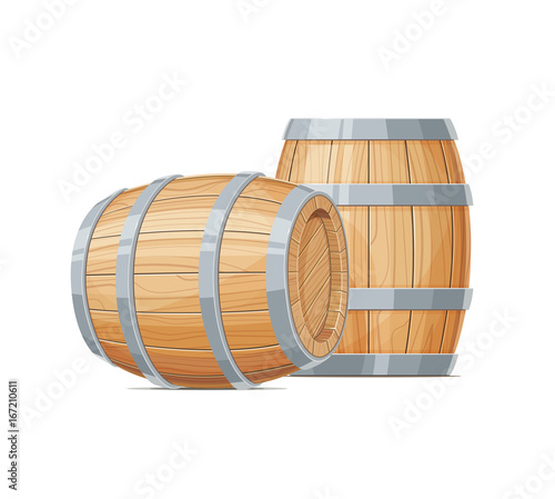 Two Wooden barrel for wine or beer. Container beverage. Vintage