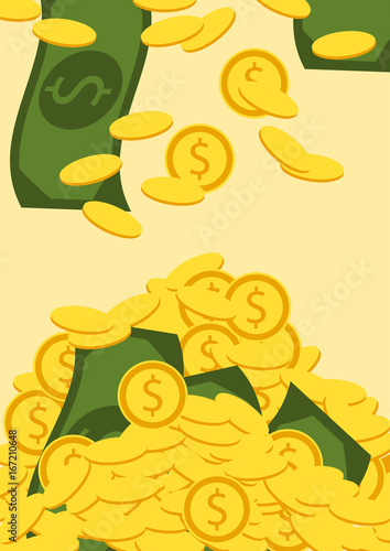 Falling golden coins and bills. Money vector illustration. Mountain of money. Finance background.