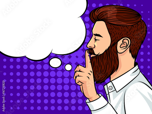 Young handsome guy European type  holding a finger to his mouth. Face of man  over halftone background effect. Portrait of a man with beard and mustache.