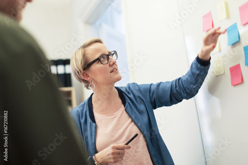 Woman pointing at whiteboard