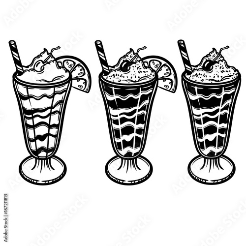 Vector illustration with a glass of ice cream and cherry and lemon. Sweet summer cocktail. Perfect print for the menu in a cafe or restaurant.