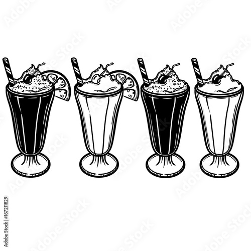 Vector illustration with a glass of ice cream and cherry and lemon. Sweet summer cocktail. Perfect print for the menu in a cafe or restaurant.