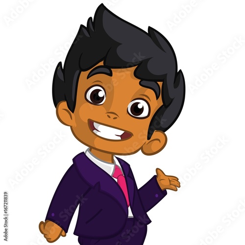 Vector illustration of a arab boy in man's clothes. Cartoon of a young boy dressed up in a mans business blue suit presenting photo