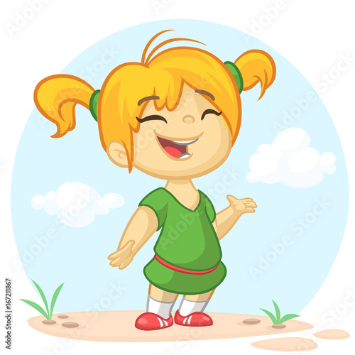 Blond small girl in a green dress presenting. Holiday vector illustration cartoon style for greeting card, poster, banner. 