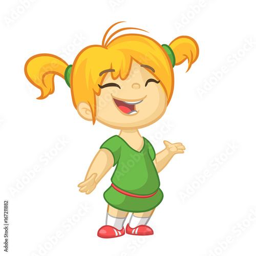 Blond small girl in a green dress presenting. Holiday vector illustration cartoon style for greeting card, poster, banner. 