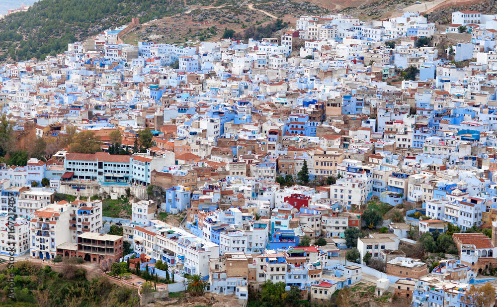 Panorama of Chefchaouen blue town in Morocco, Africa