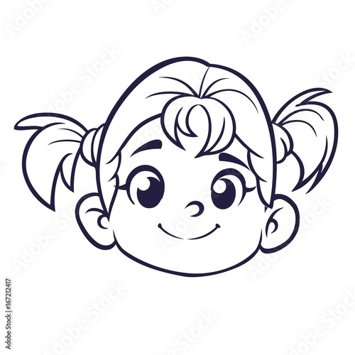 Cartoon cute girl face outlined. Vector illustration of a small girl