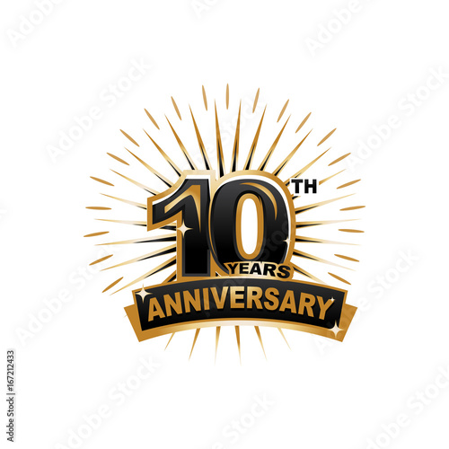 ten years anniversary, gold badge, illustration design, isolated on white background. 