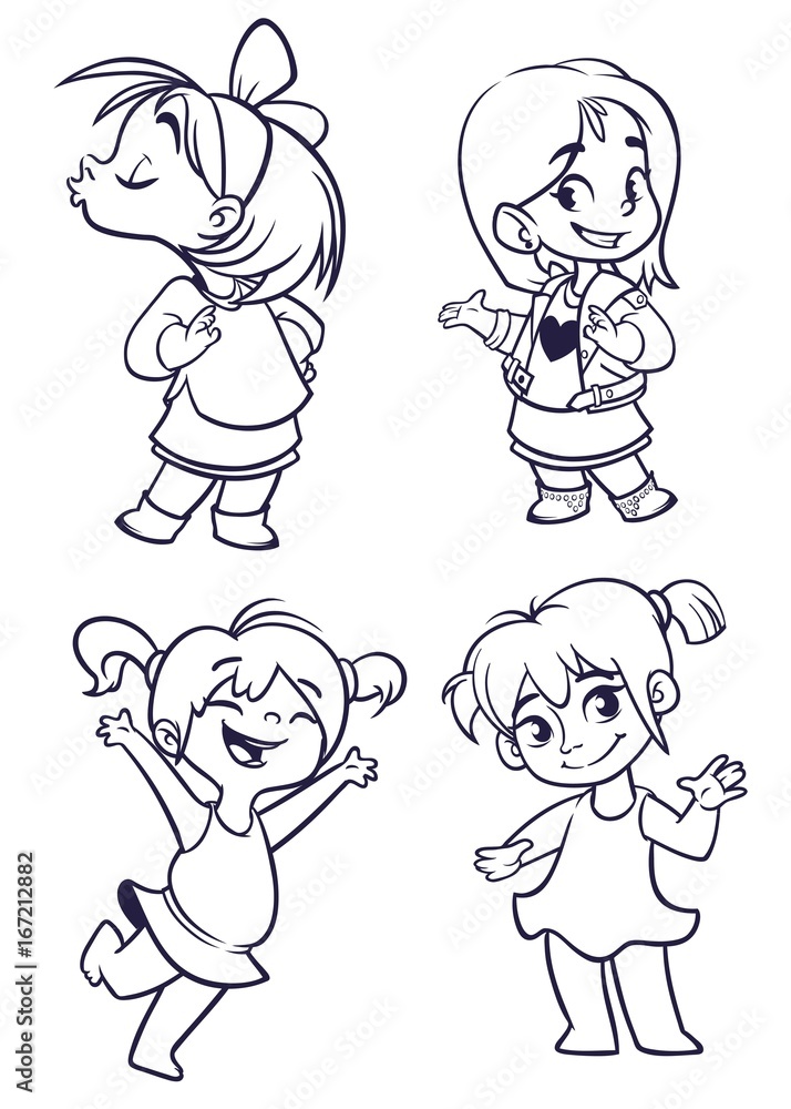 Cartoon small girls set. Vector illustration of outlined cartoon girls dancing, kissing, presenting. Illustrations for coloring book Cartoon small girls set. Vector illustration of outlined cartoon girls dancing, kissing, presenting. Illustrations for coloring book