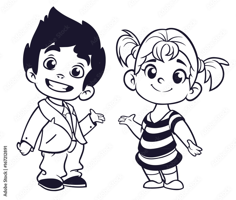 Cute cartoon boy and girl with hands up vector illustration. Boy and girl  greeting design. Kids summer dress. Children vector outlines. Stock Vector  | Adobe Stock