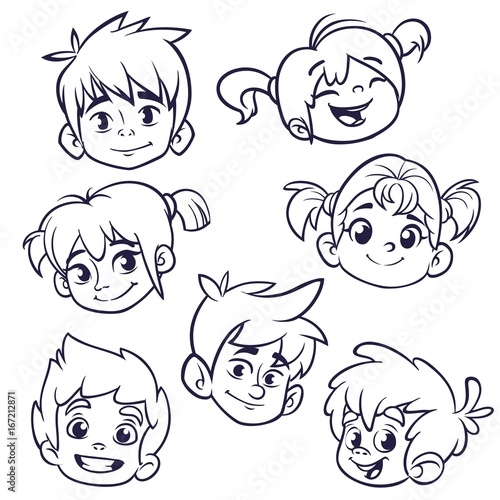 Cartoon child face icons. Vector set of childrens or teenagers heads outlined. Cutout illustration