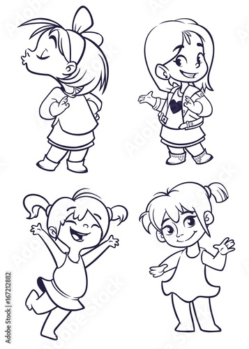 Cartoon small girls set. Vector illustration of outlined cartoon girls dancing, kissing, presenting. Illustrations for coloring book