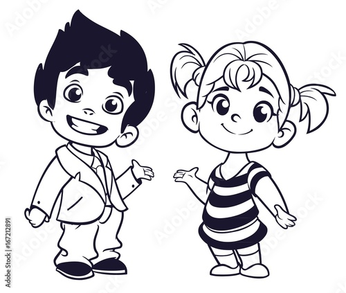 Cute Cartoon Boy And Girl With Hands Up Vector Illustration Boy And Girl Greeting Design Kids Summer Dress Children Vector Outlines Stock Vector Adobe Stock
