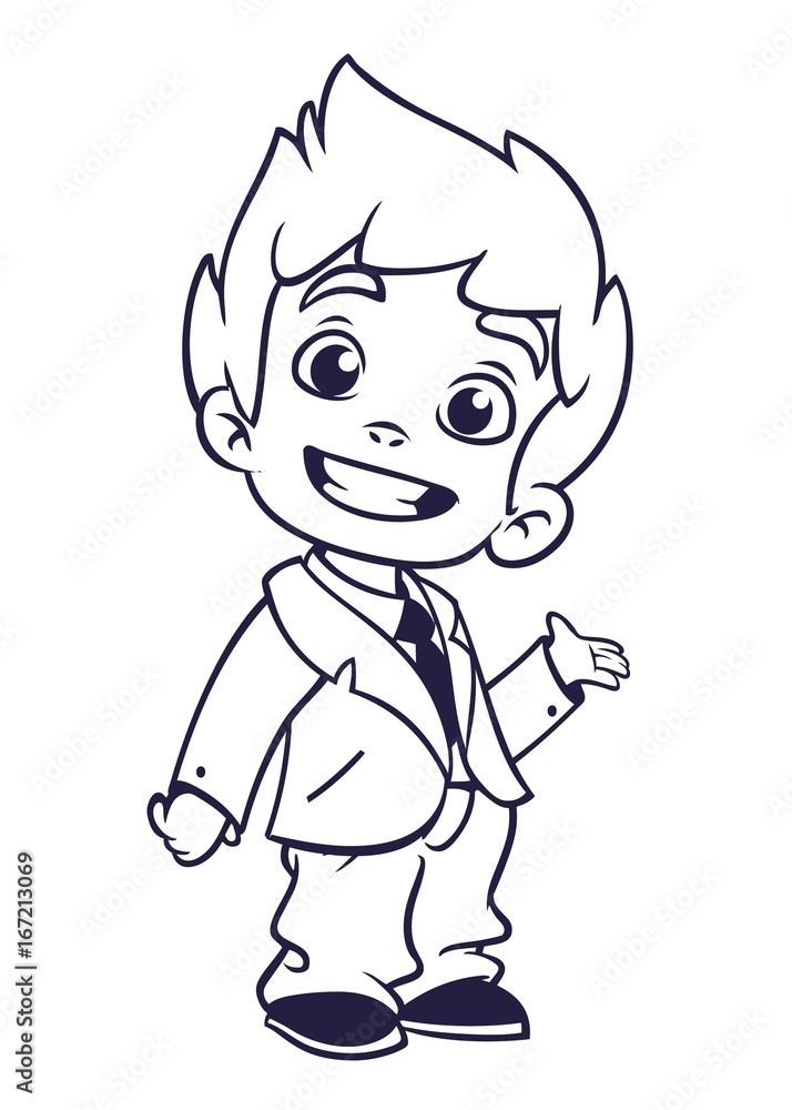 Vector illustration of small boy in man's clothes outlines. Cartoon of a young boy dressed up in a mans business suit presenting. Countur. Coloring book Vector illustration of small boy in man's clothes outlines. Cartoon of a young boy dressed up in a mans business suit presenting. Countur. Coloring book