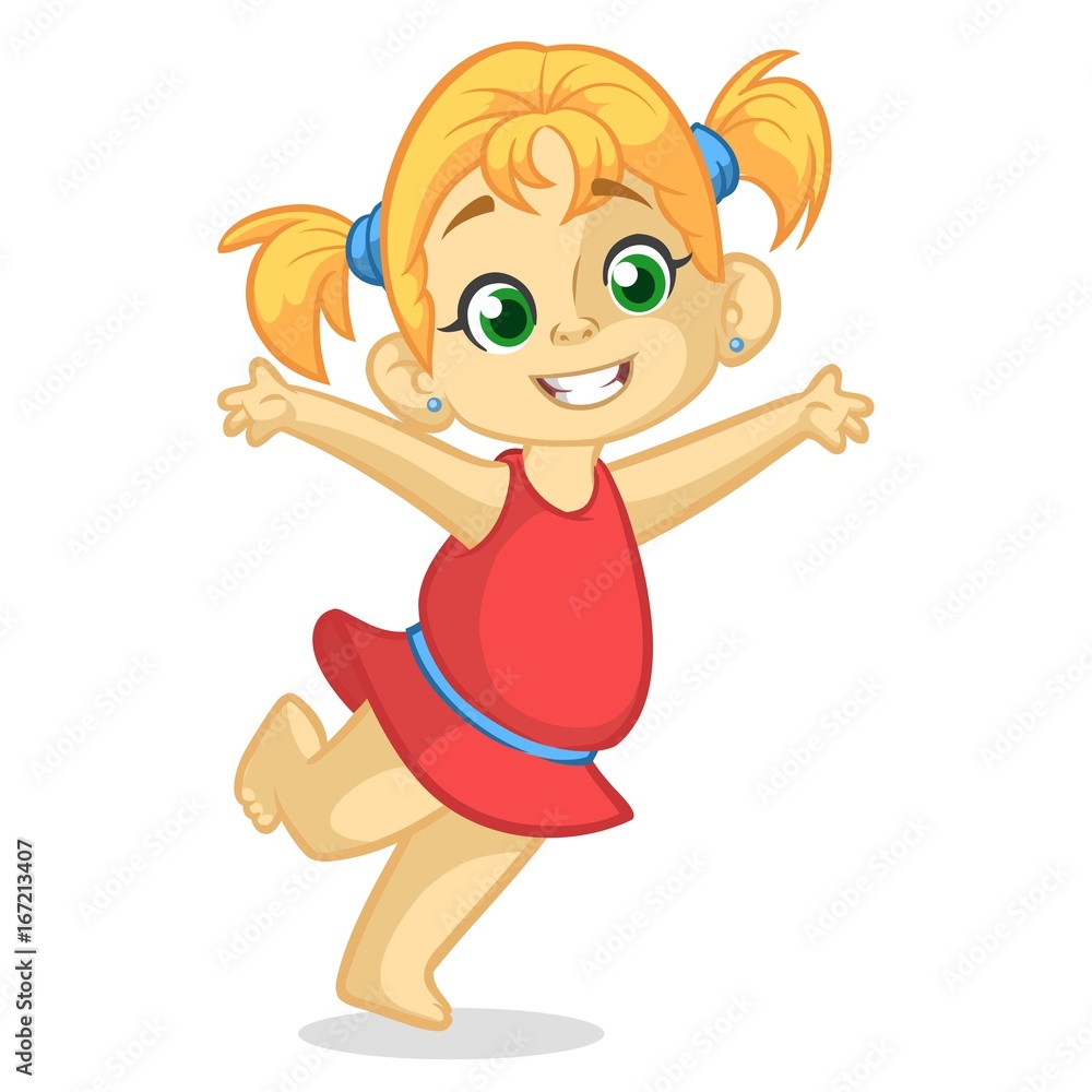 Vector color cartoon image of a cute little girl in red dress. Little girl  with blonde hair. Little girl is dancing and smiling. Vector cartoon little  girl icon. Stock Vector | Adobe