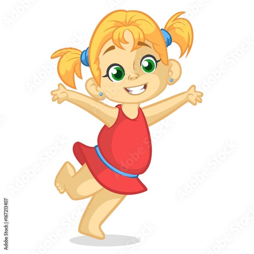 Vector color cartoon image of a cute little girl in red dress. Little girl with blonde hair. Little girl is dancing and smiling. Vector cartoon little girl icon.