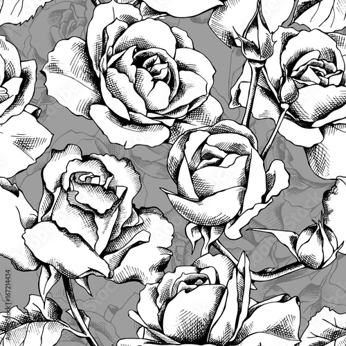 Wallpaper Mural Seamless pattern with image of a Rose flowers on a gray background. Vector illustration. Torontodigital.ca