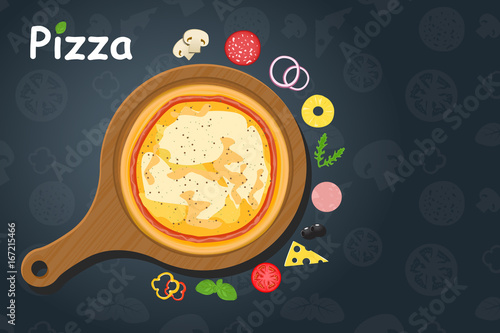 Pizza on the board and the ingredients.