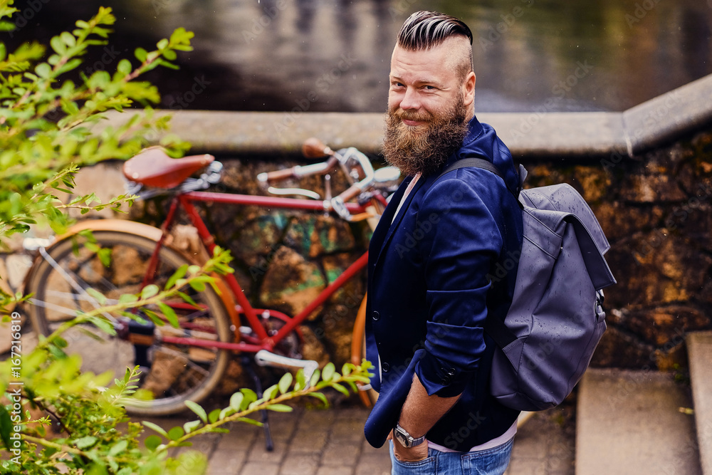 Casual modern guy with backpack. Back view. Casual modern guy with backpack. Back view.