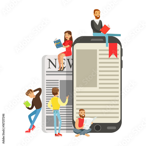 Micro young women and men sitting on a giant electronic book and newspaper, people enjoy reading vector Illustration