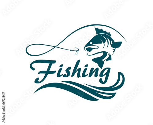 fishing emblem with bass, waves and hook
