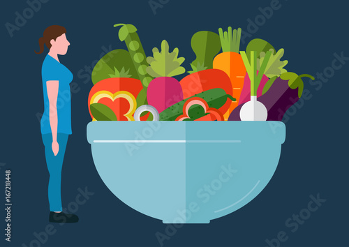 The concept of a healthy lifestyle and losing weight. Vector. Sportswear thin woman and a fresh salad.