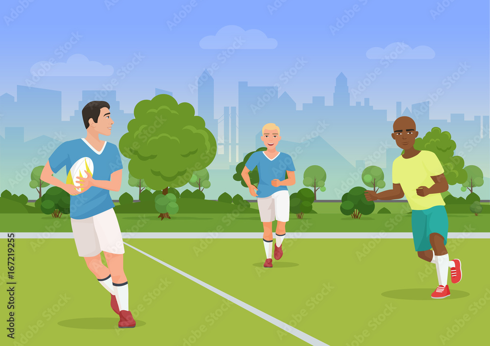 Vector illustration of cheerful black and white people playing rugby on the playground. Vector illustration of cheerful black and white people playing rugby on the playground.