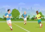 Vector illustration of cheerful black and white people playing rugby on the playground.