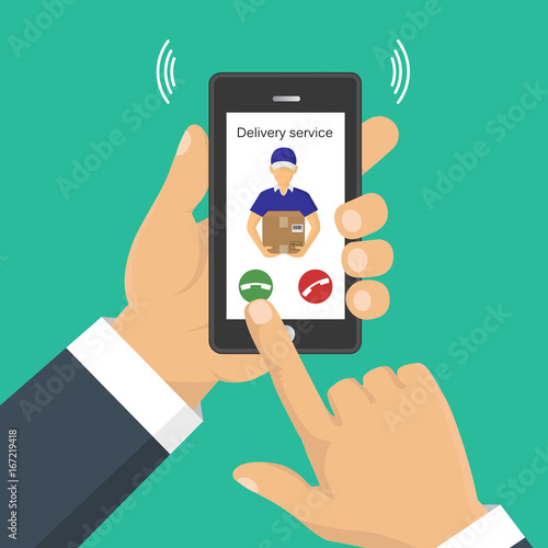 Hand holding a phone, calling in service delivery. Concept of free, fast delivery, shipping. Vector illustration.