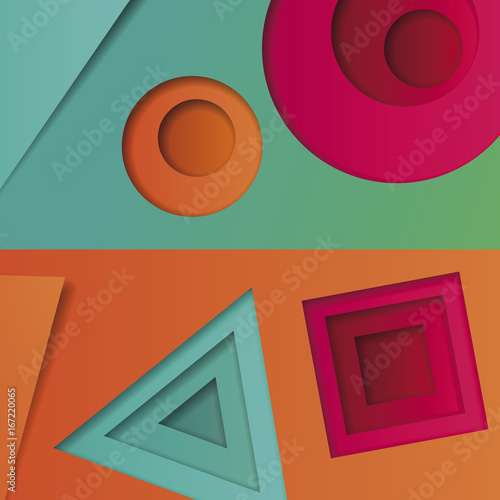 Background of multicolored abstract vector in the style of material design with geometric shapes of different sizes. Multilayer circles, triangles, squares on bright background for corporate identity