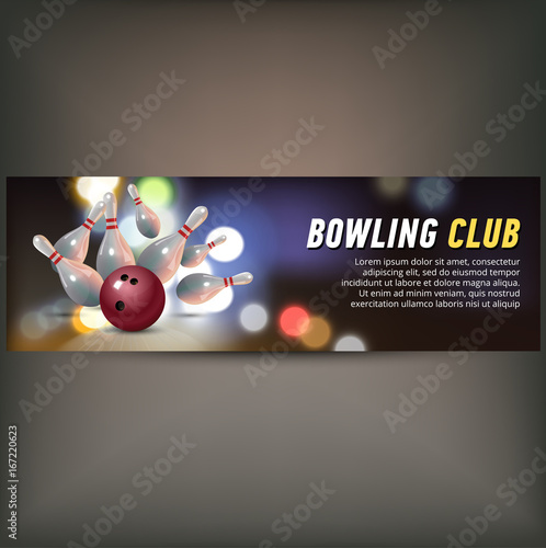 Bowling horizontal banner with bowling champ club and leagues symbols realistic isolated