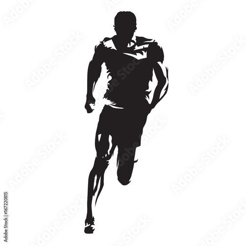 Runner vector silhouette, front view of sprinting athlete