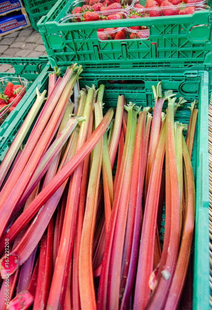 Red stalks celery for sale at local street market. Lausanne. Switzerland.