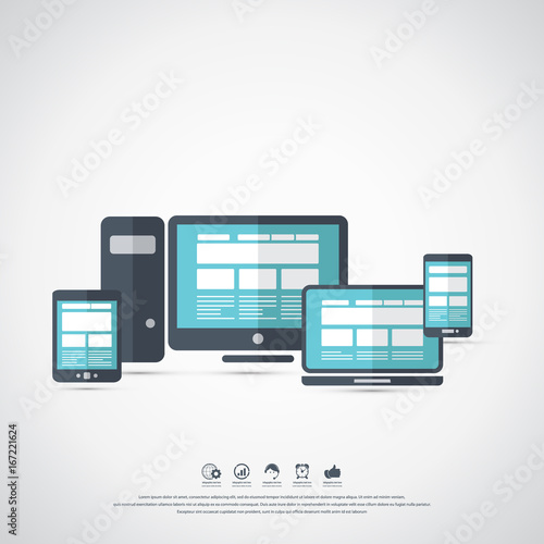 Electronic devices.Flat style illustration of laptop, pc, tablet and phone. Vector icon for websites and mobile minimalistic design. Popular gadgets.