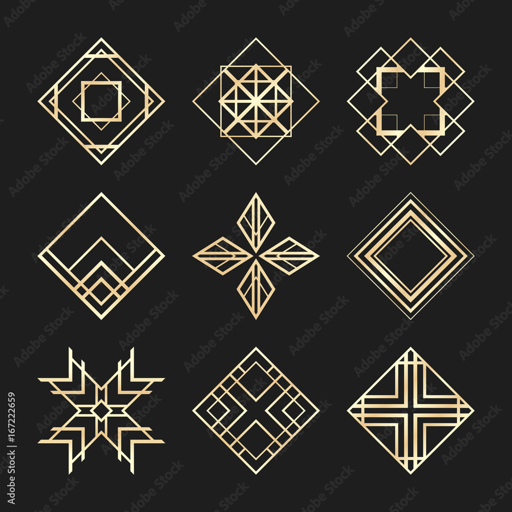 Sacred geometry signs. Art Deco symbols. Set of golden icons. Mystical