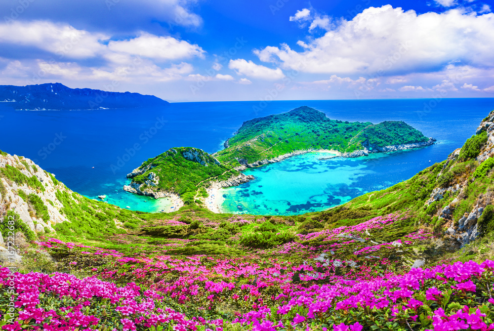 Aerial view of Porto Timoni, Afionas region, Corfu