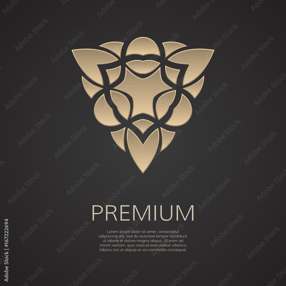 Golden flower shape. Gradient premium trefoil ornament. Isolated floral pattern. Business identity concept for bio, eco company or spa salon.