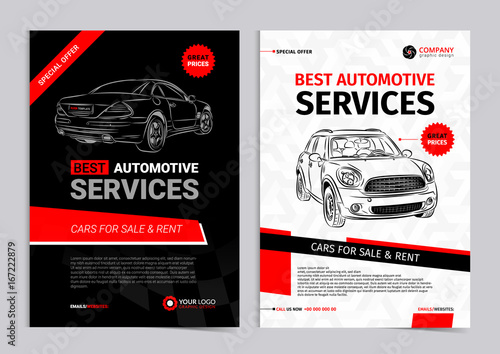Set of AUTOMOTIVE SERVICES layout templates, cars for sale & rent brochure, mockup flyer. Vector illustration.