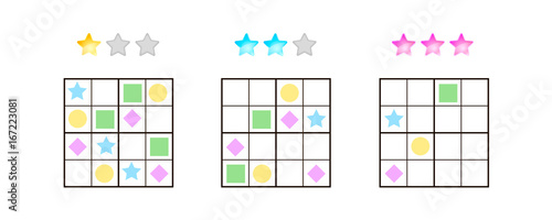 vector illustration. Sudoku for kids with pictures at different levels of complexity. Logic game for preschool children. Educational game. rebus. rhombus, star, square, circle.