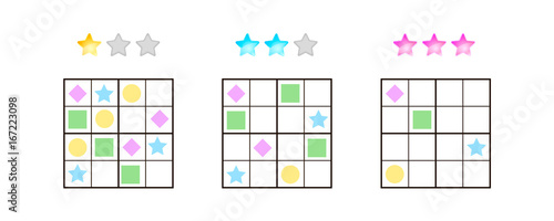 vector illustration. Sudoku for kids with pictures at different levels of complexity. Logic game for preschool children. Educational game. rebus. rhombus, star, square, circle.