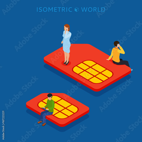 SIM card flat isometric concept web vector illustration.