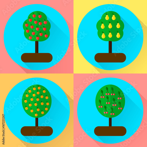 vector illustration. set flat round icon fruit trees. appple, or photo