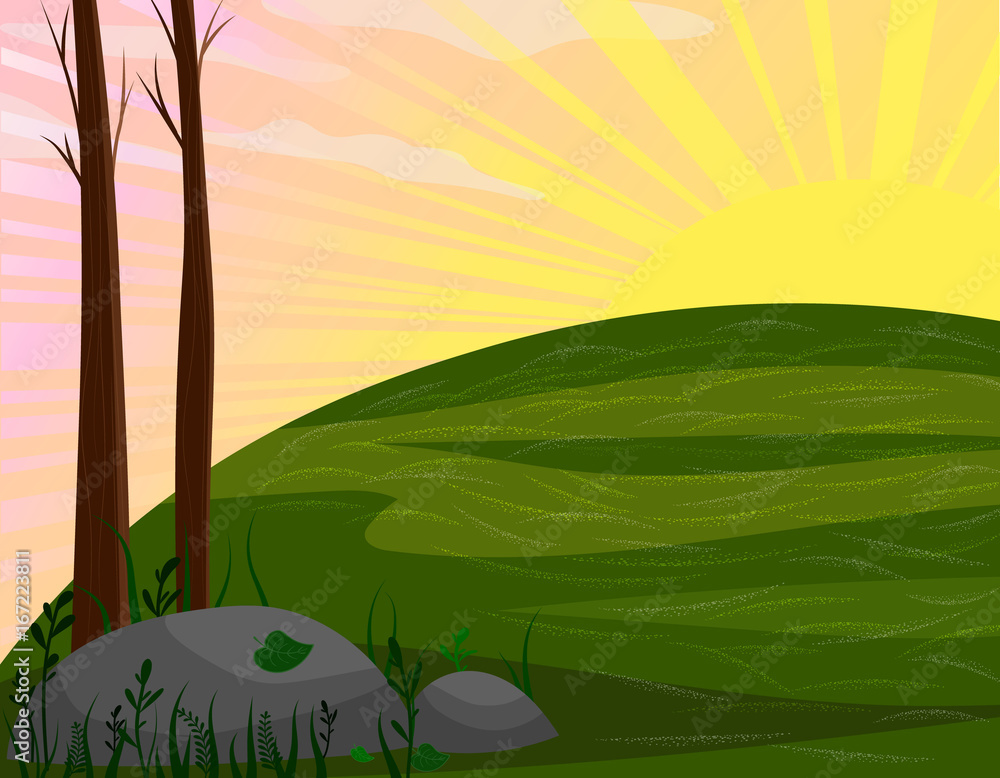 sun is rising over the hill. simple vector landscape. fall season ...